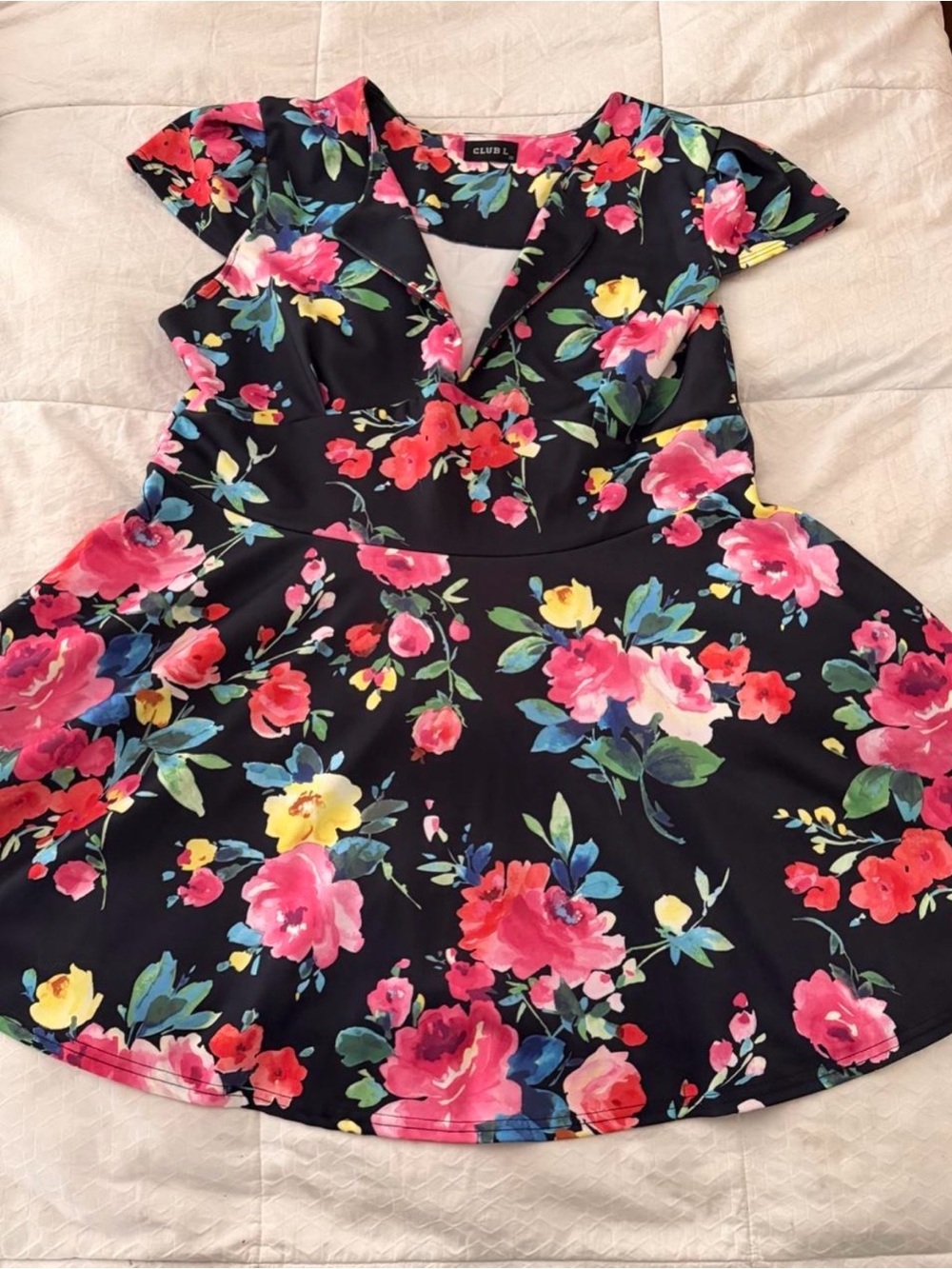 Club L Floral Fit-and-Flare Dress in Black with Pink Blooms - Plus Size 18